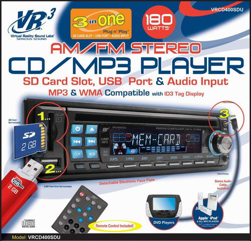  "VR3 CAR STEREO VRCD400SDU SD/CD/MP3/WMA/USB".  $99