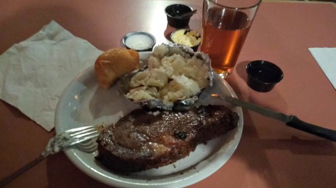   Prime Rib slow roasted smoked 12 oz + 2 sides + tall glass Kentucky Burbone Ale = $23    ().     